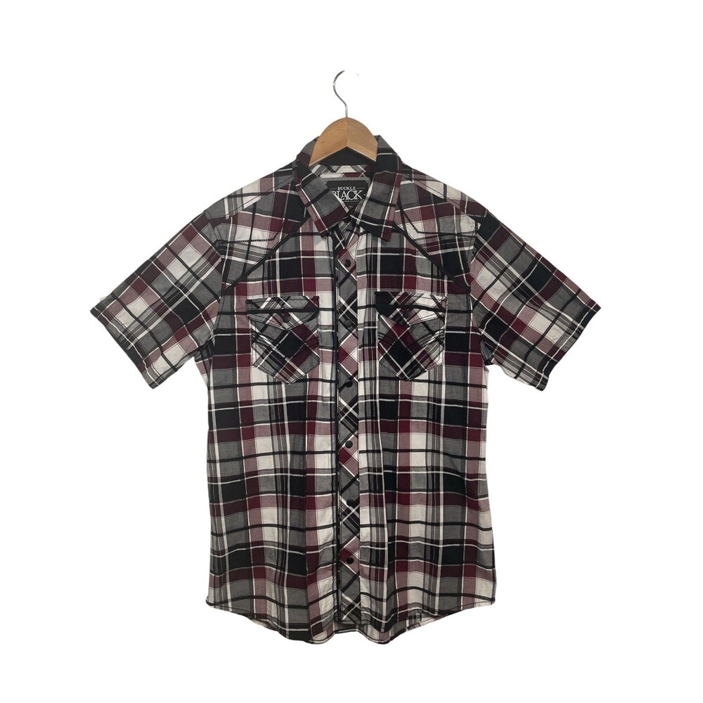 Buckle Black Short Sleeve Western Snap Shirt Mens XL Burgundy Plaid Athletic Fit